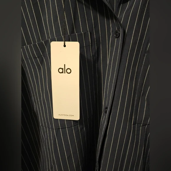 Alo Pinstripe Daylight  Button Down Longsleeve Shirt Blue Women's Size L NWT - Picture 2 of 10